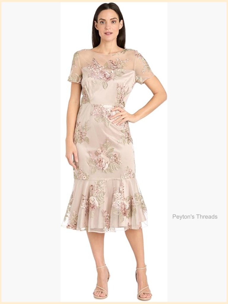 Elegant Midi Floral Threadwork Mesh Dress Illusion Neckline Short Sleeves